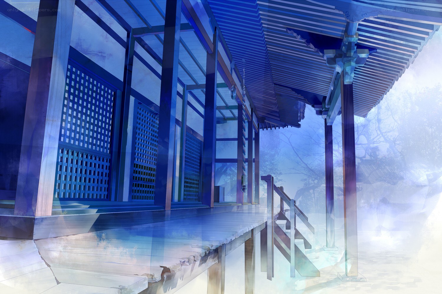 Blue temple corridor at dawn