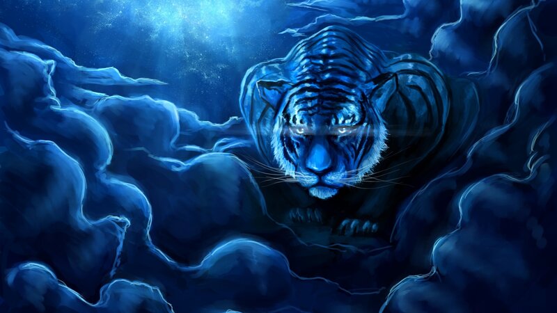 Blue Tiger in Clouds — Dramatic