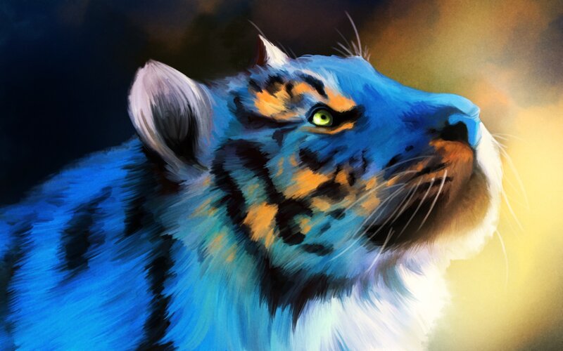 blue tiger with green eyes