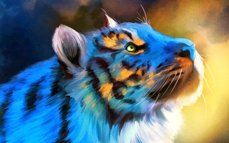 Blue Tiger with Green Eyes — Dramatic, Digital Art
