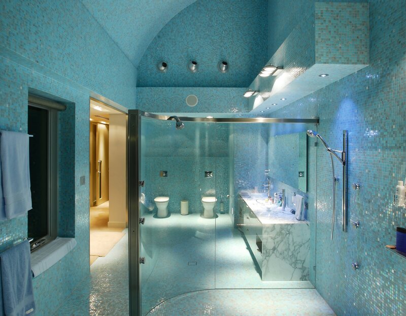 blue-tiled bathroom interior