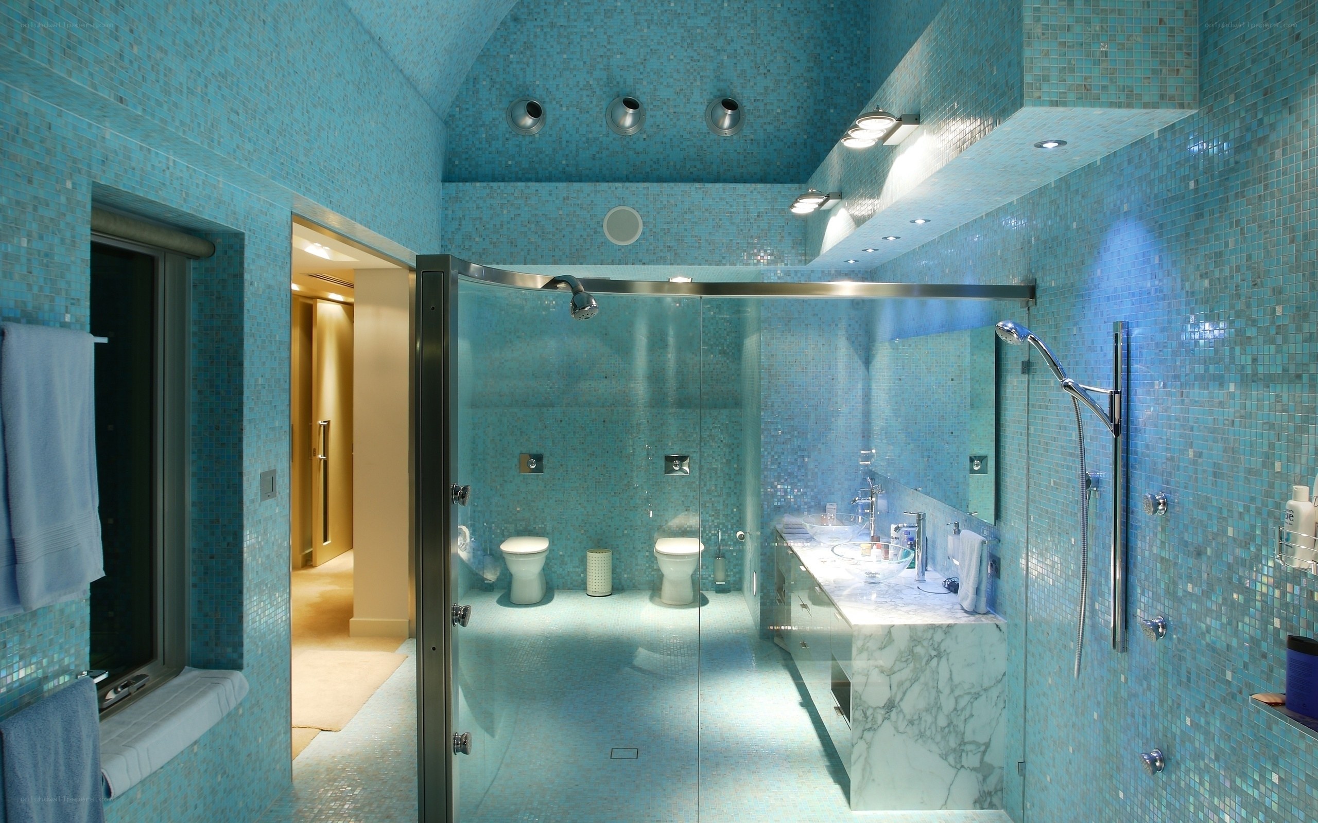 Blue-tiled bathroom interior