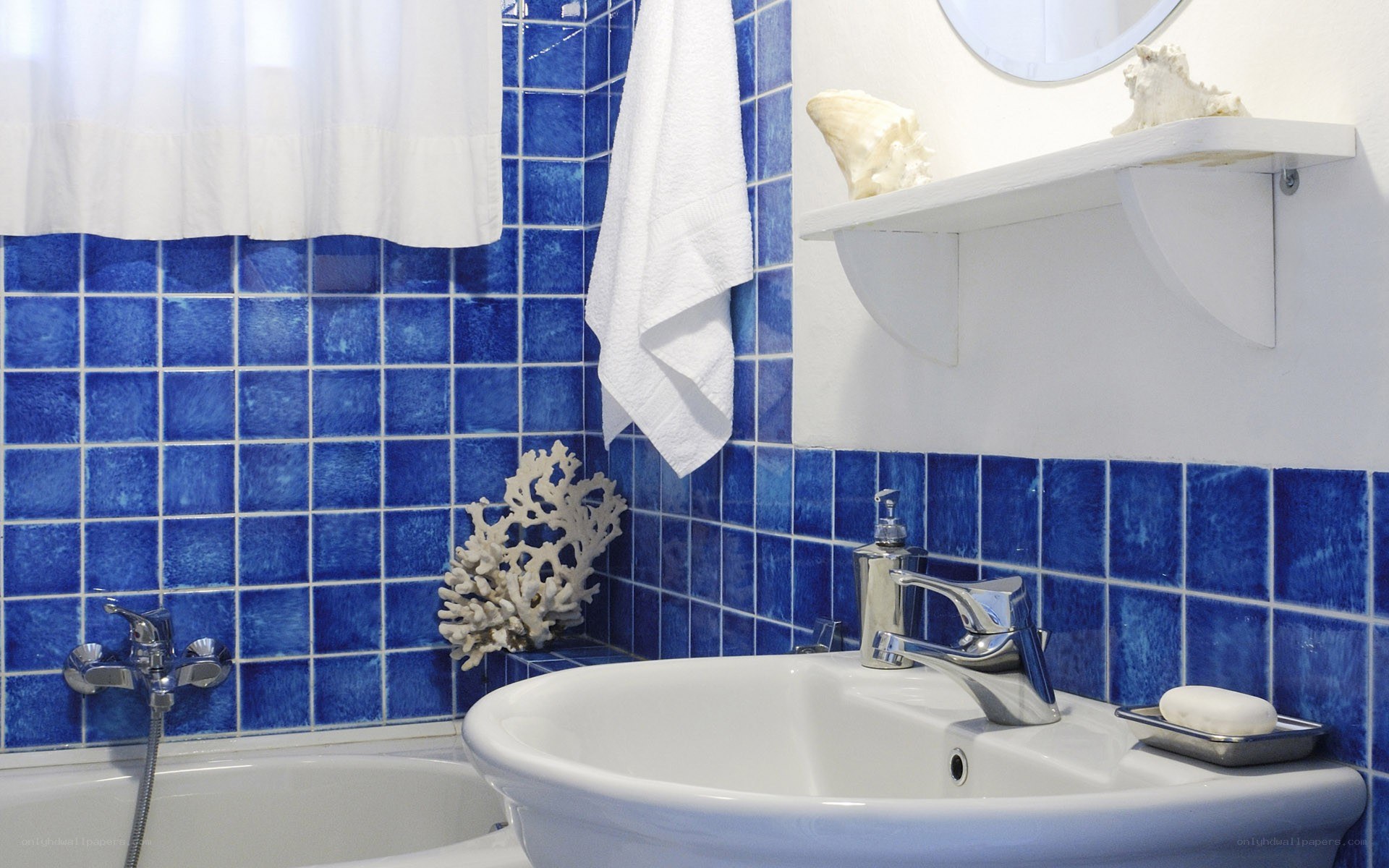 blue tiled bathroom with coral decor