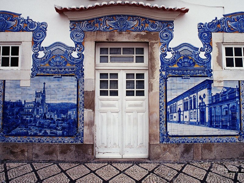 Blue-tiled building facade