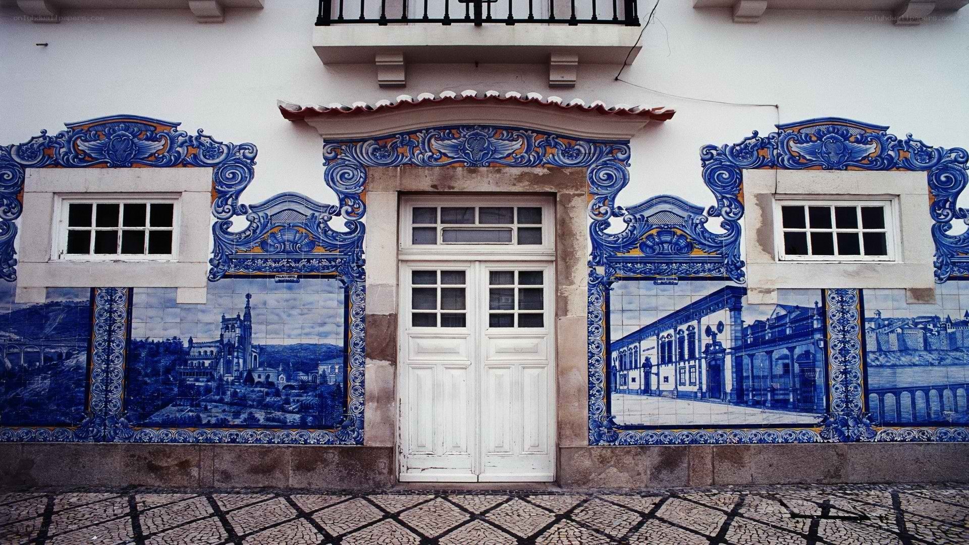 Blue-tiled building facade