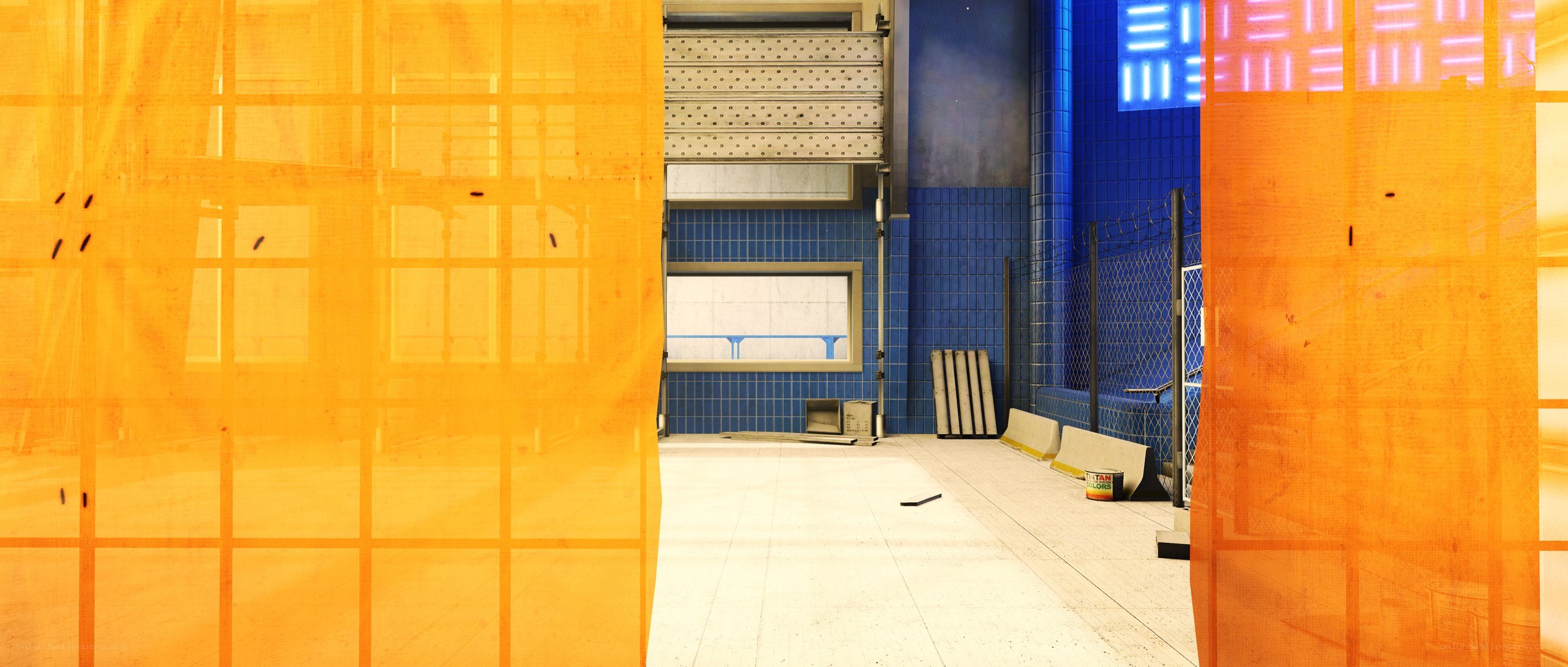 blue-tiled corridor with orange screens