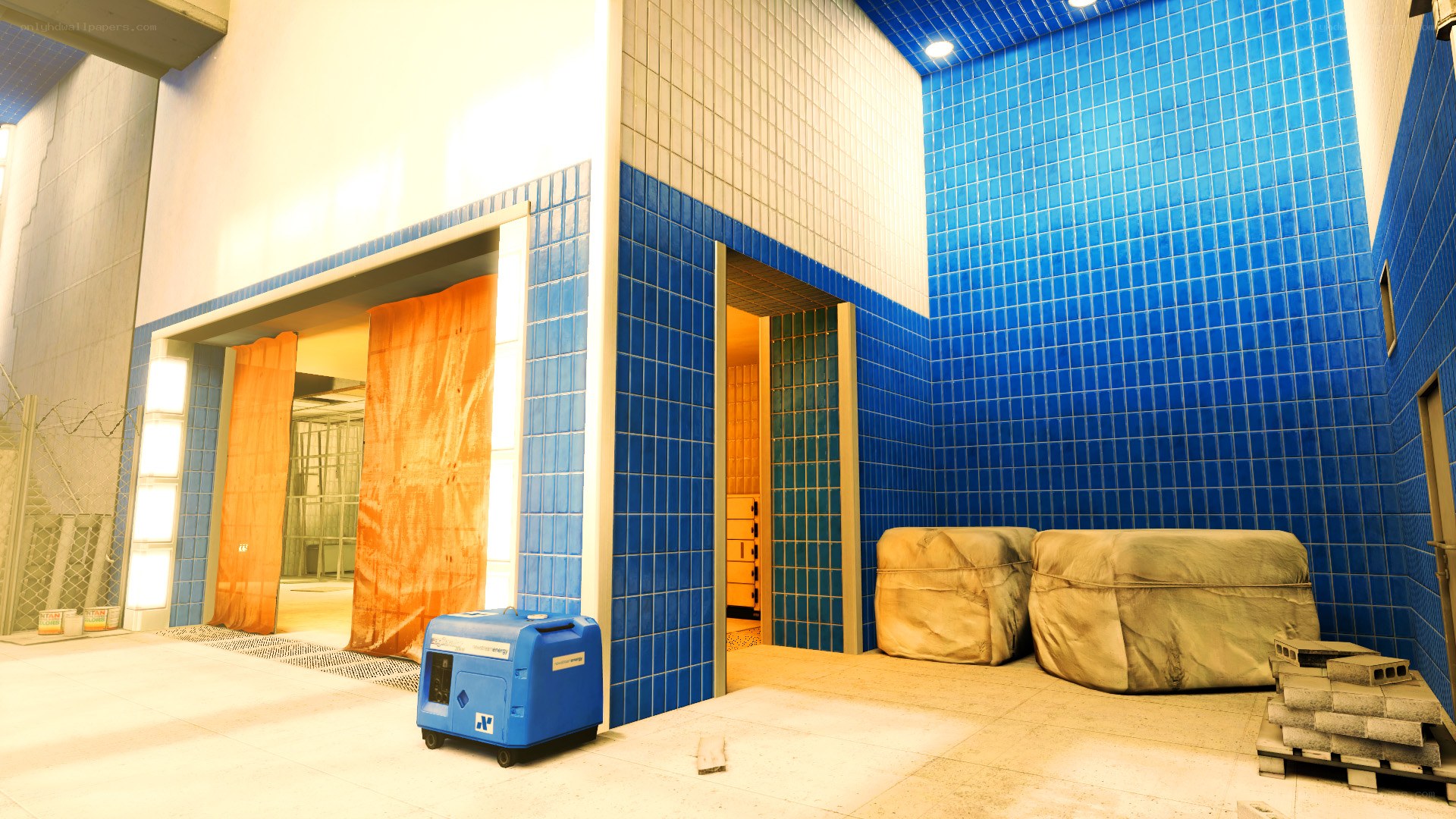 Blue-tiled indoor corridor