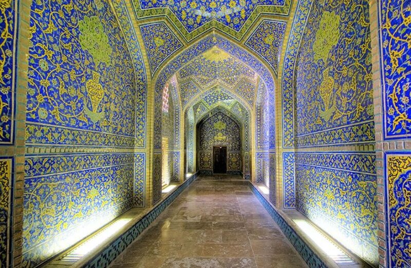 blue-tiled mosque corridor