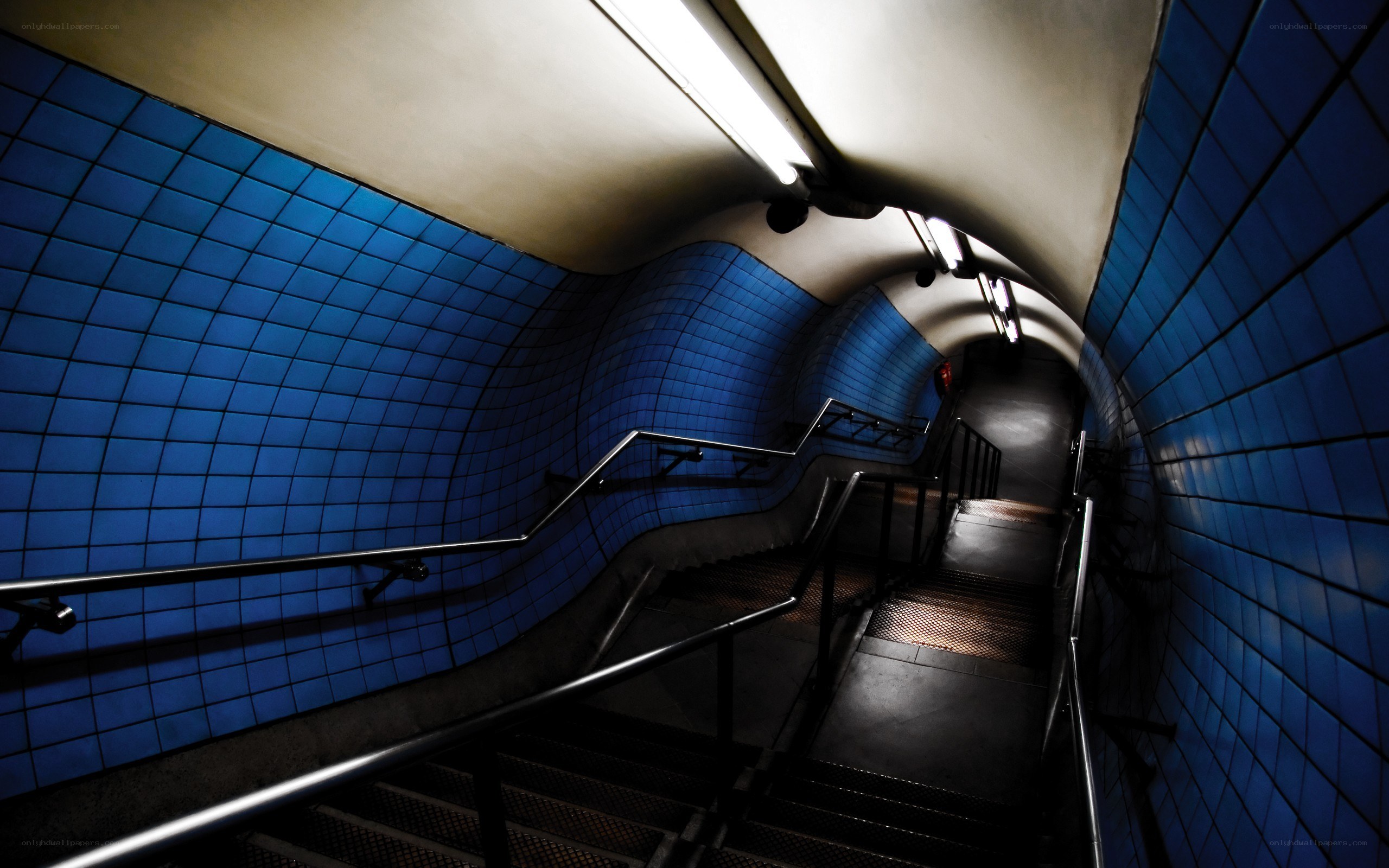 blue tiled subway staircase