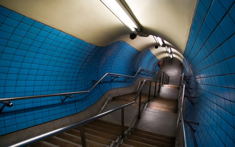 Blue-tiled Subway Stairs — Blue, Dramatic, Photograph