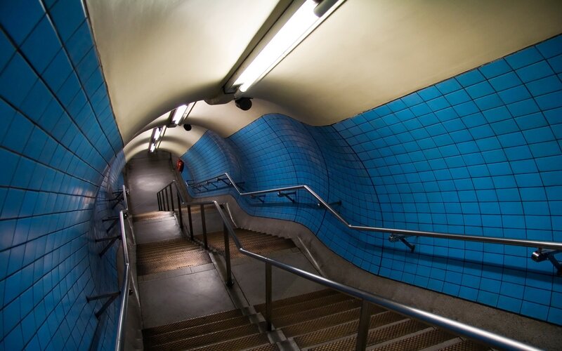 Blue-tiled Subway Stairs — Dramatic