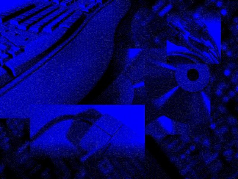 blue-tinted computer hardware collage