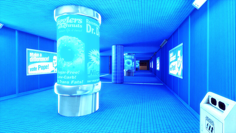 Blue-tinted corridor with ads