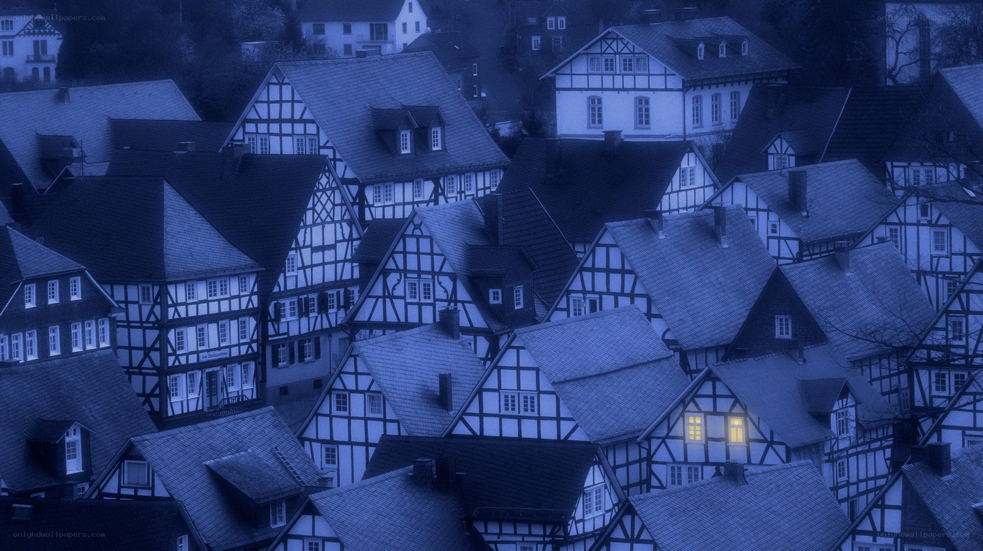 blue-tinted village at night