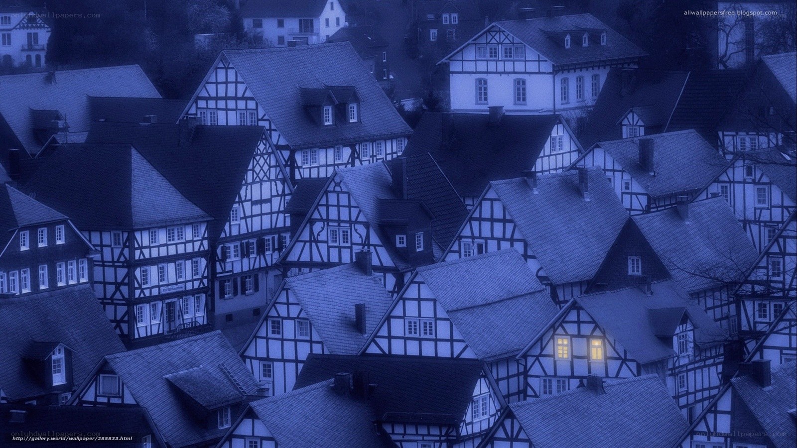 blue-tinted village rooftops