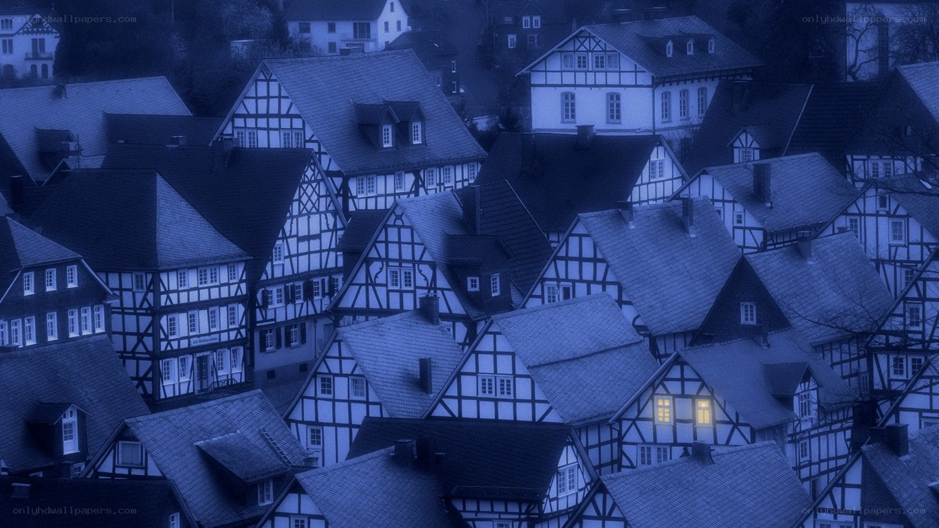 blue-tinted village rooftops