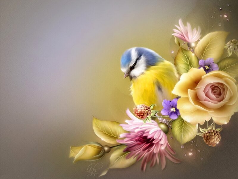 Blue Tit Bird with Flowers