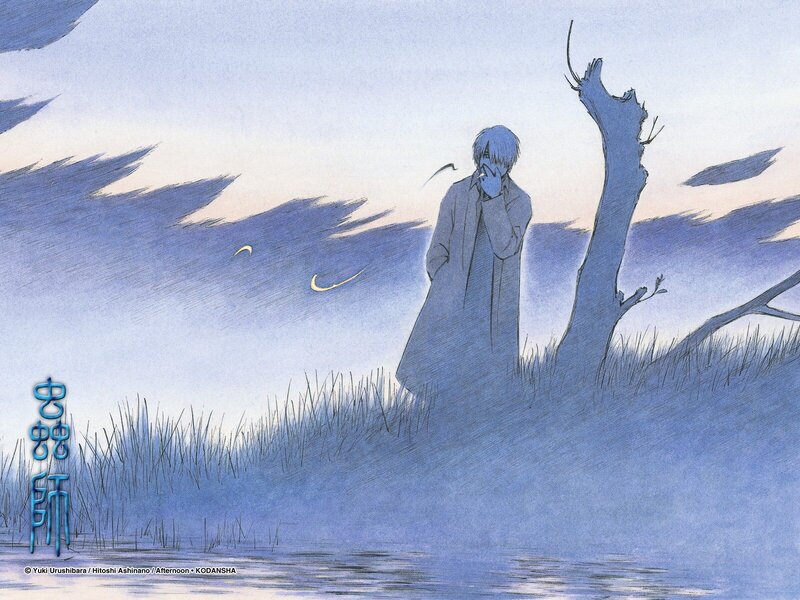 Blue-toned anime character by water