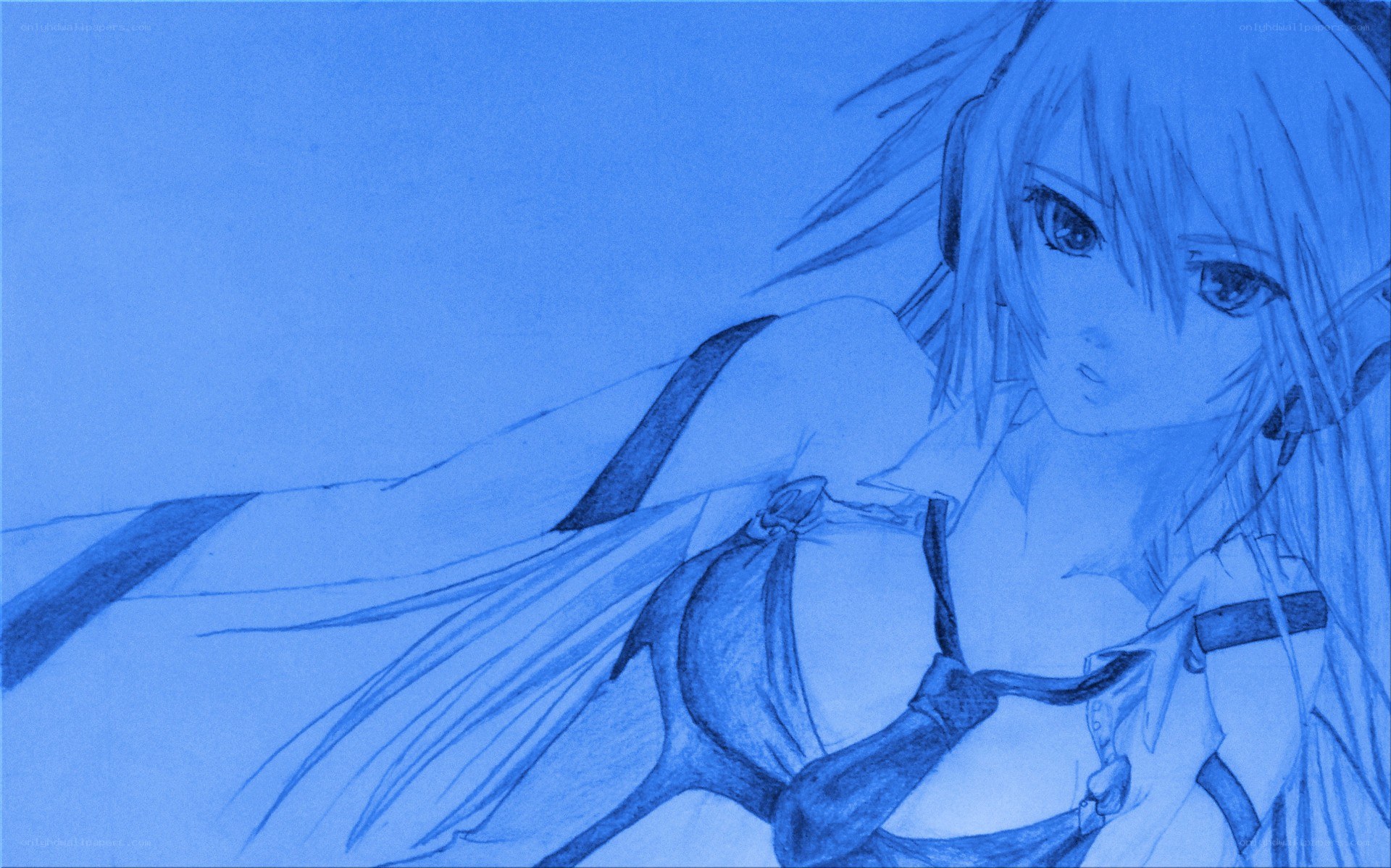 blue-toned anime character sketch