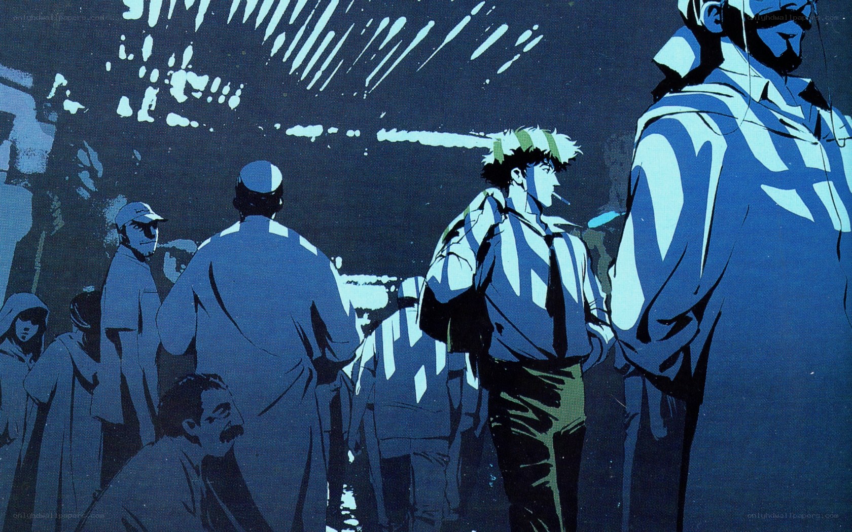 Blue-toned anime crowd scene