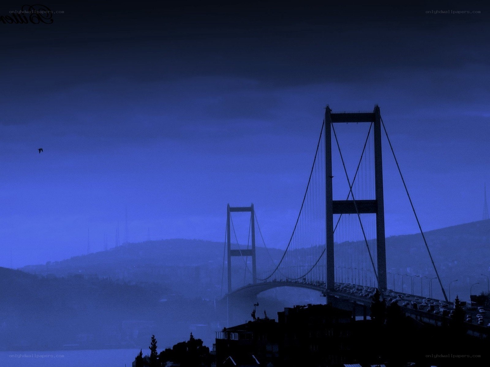 Blue-toned bridge at dusk