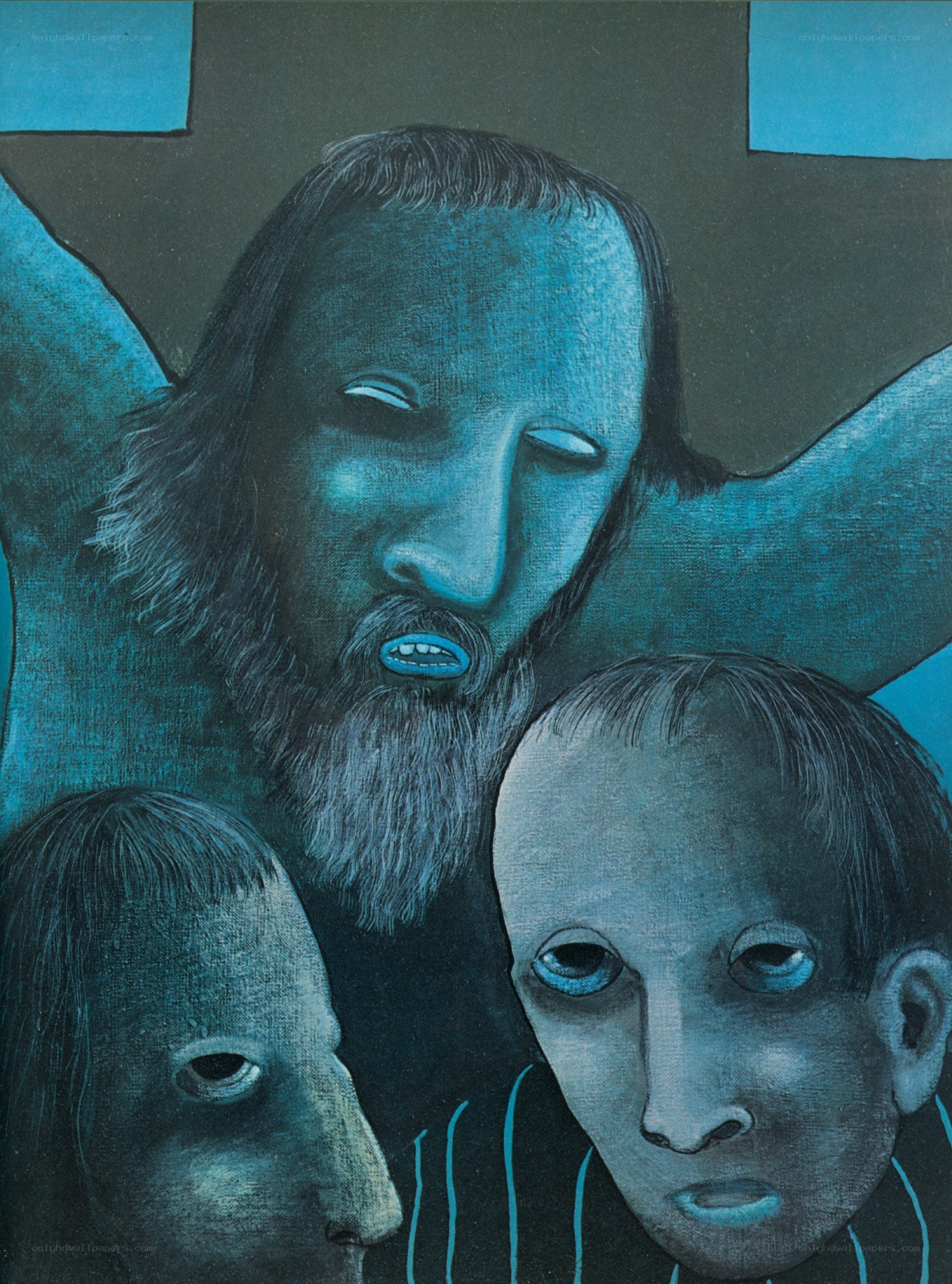 Blue-toned crucifixion scene