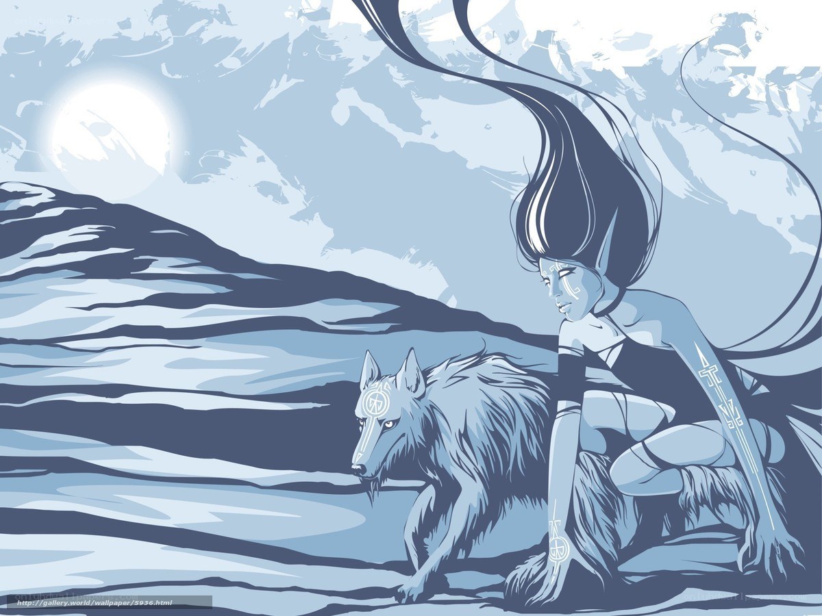 Blue-toned fantasy art with wolf