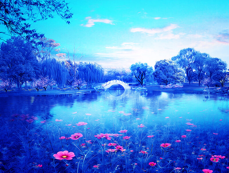 Blue-toned Landscape with Bridge