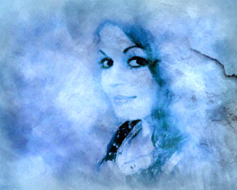 blue-toned portrait of woman
