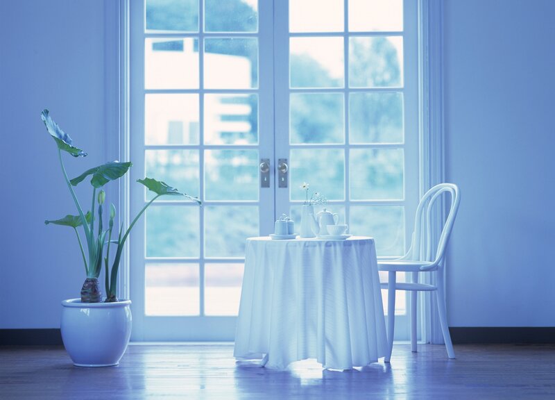 Blue-toned room with table and plant