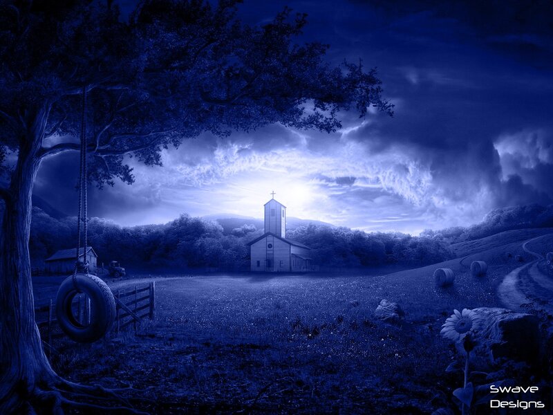 Blue-toned rural church scene