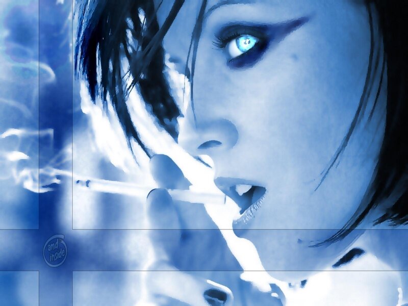 blue-toned woman smoking