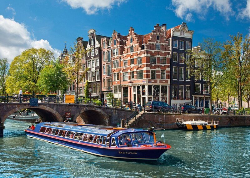 Blue Tour Boat on Canal — Serene, Summer