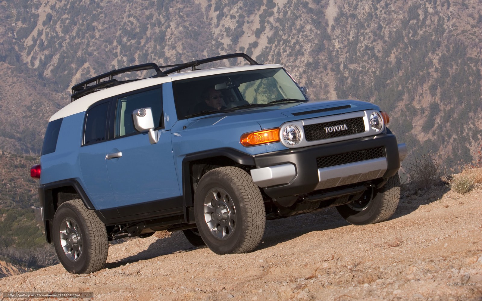 Blue Toyota FJ Cruiser on a dirt road