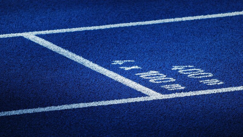 blue track with white lines