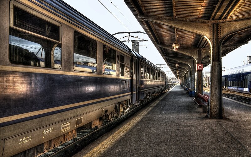 Blue train at station platform