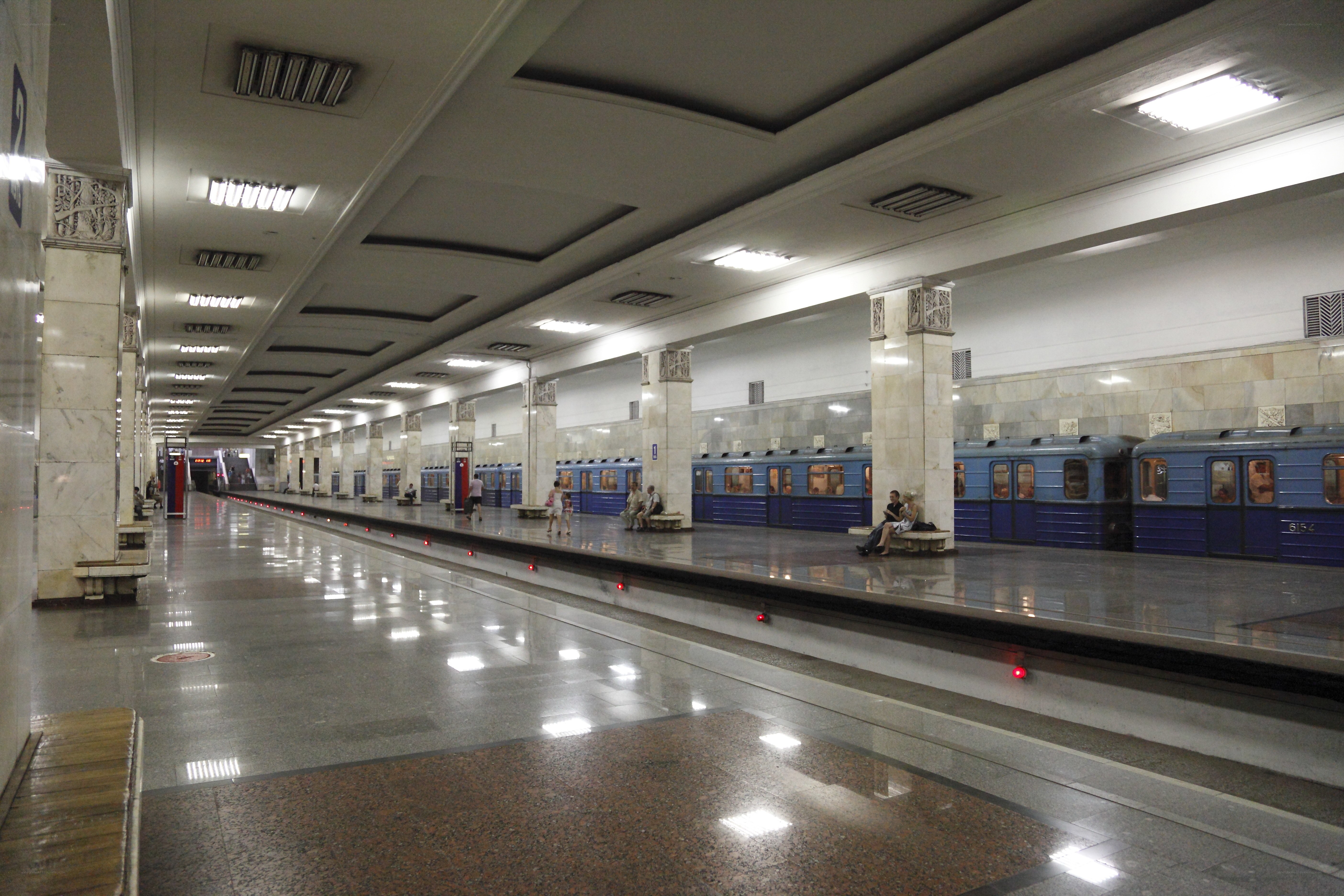 Blue train at subway station