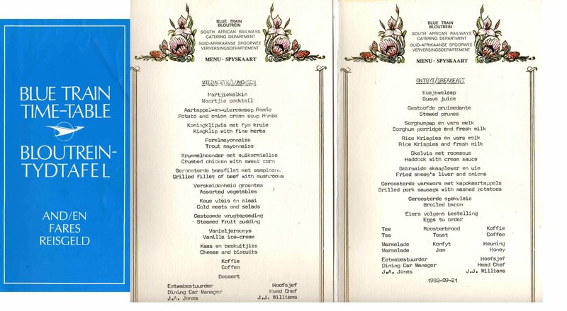 Blue Train menu and timetable