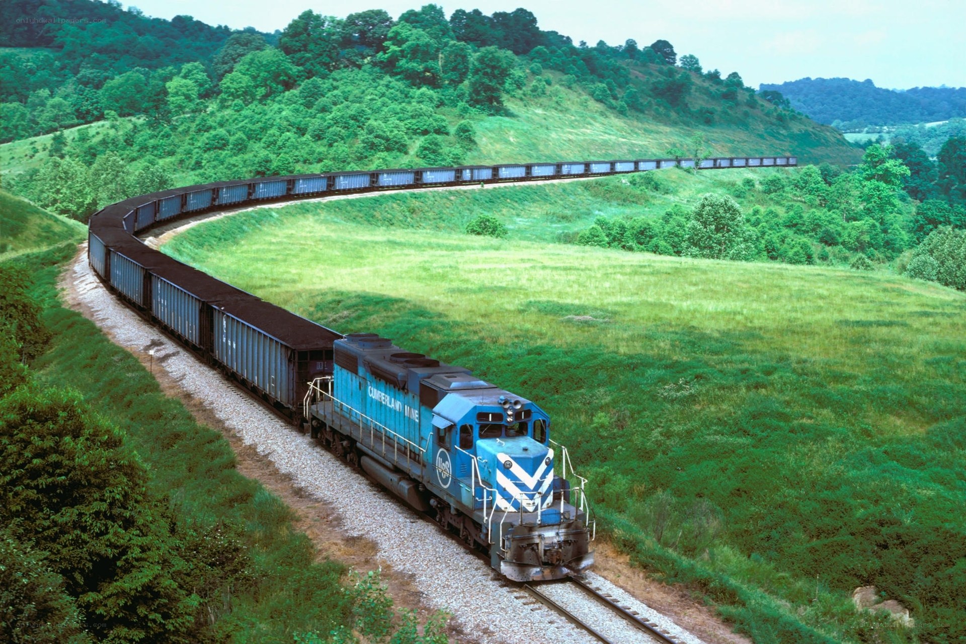 Blue train on curving track