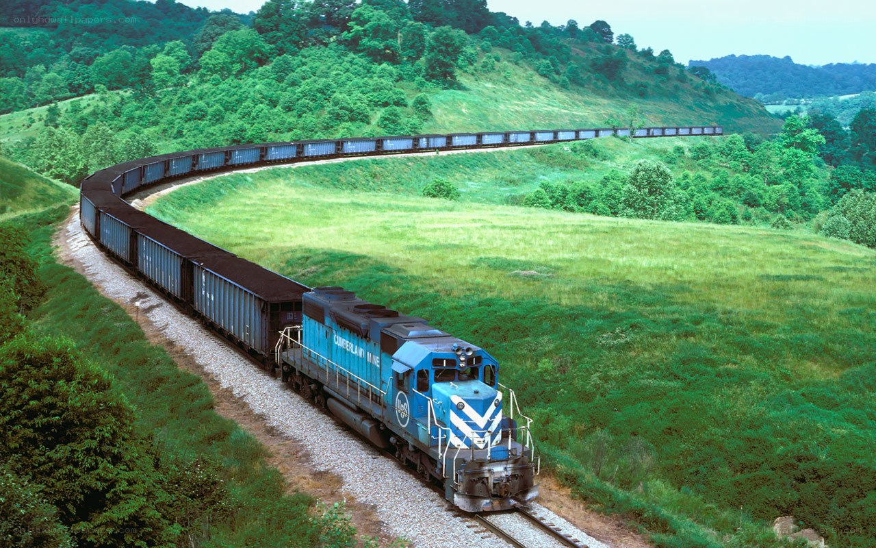 Blue train on curving track