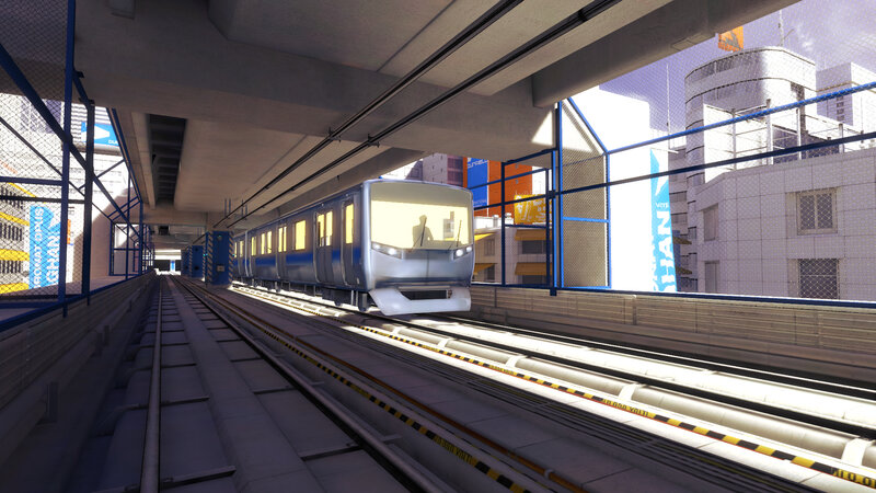 Blue Train on Elevated Track — Urban