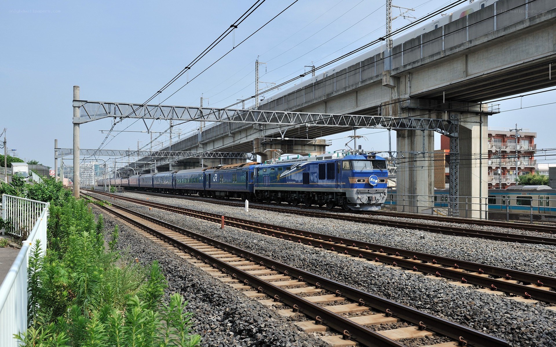 Blue train on railway tracks