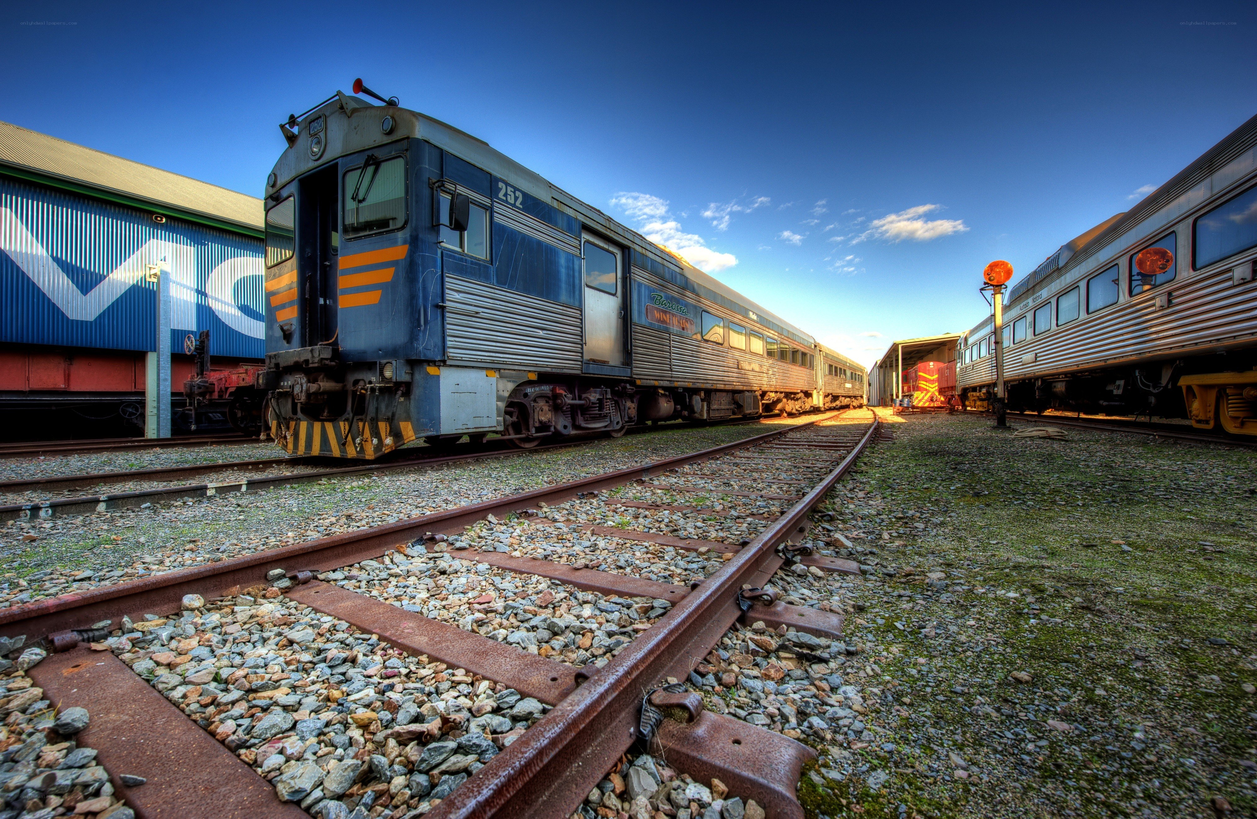Blue train on railway tracks