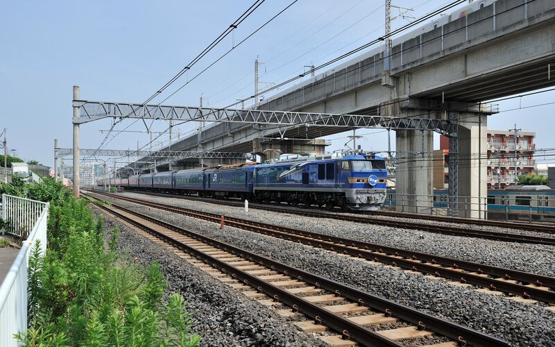 Blue Train on Tracks — Calm, Afternoon