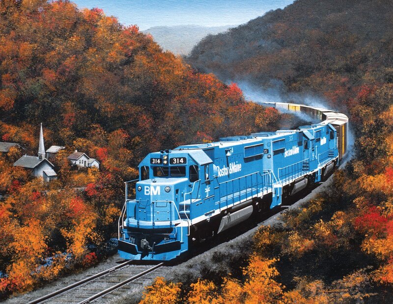 Blue Train on Tracks — Serene, Autumn