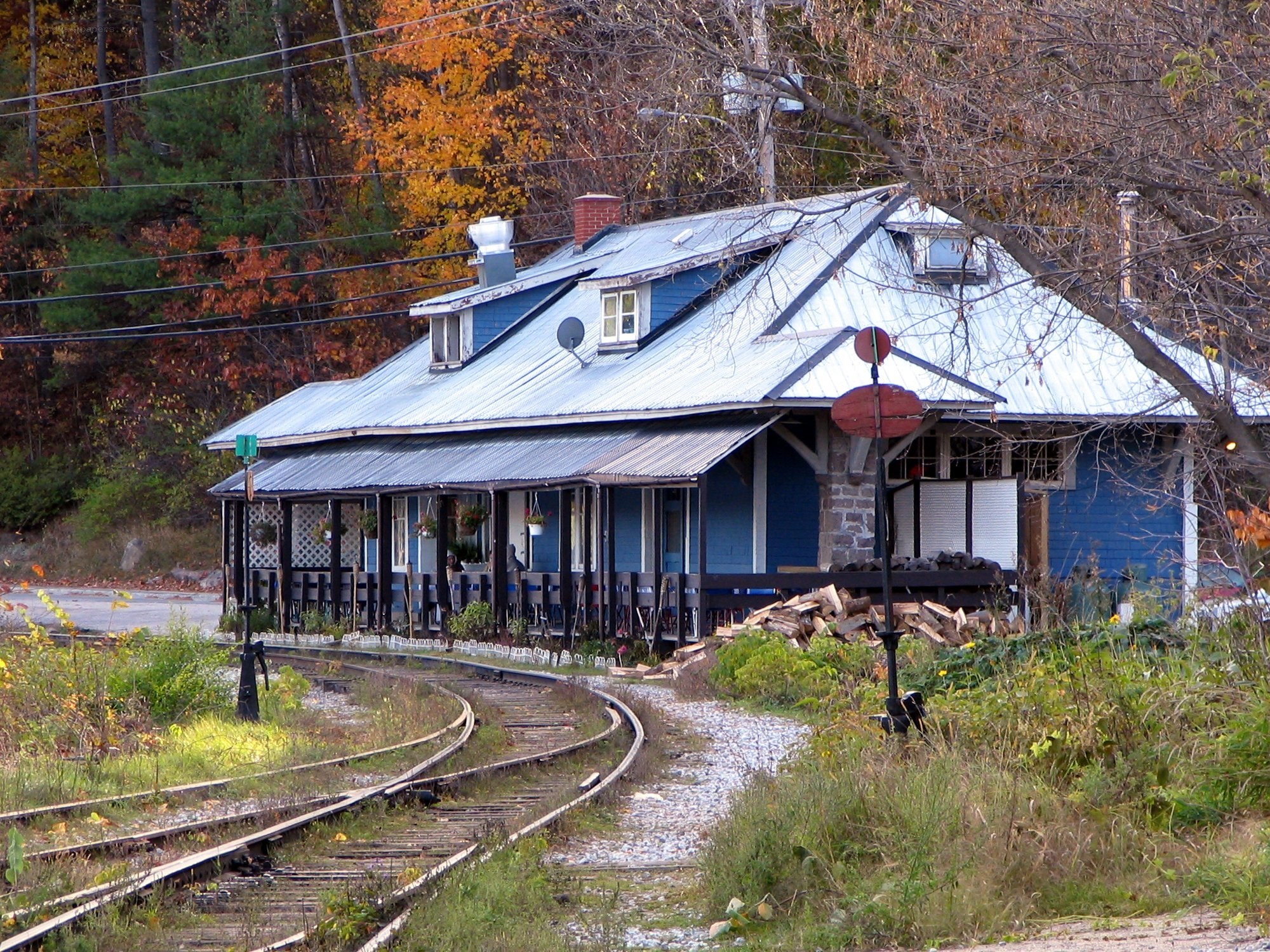 Blue train station in autumn