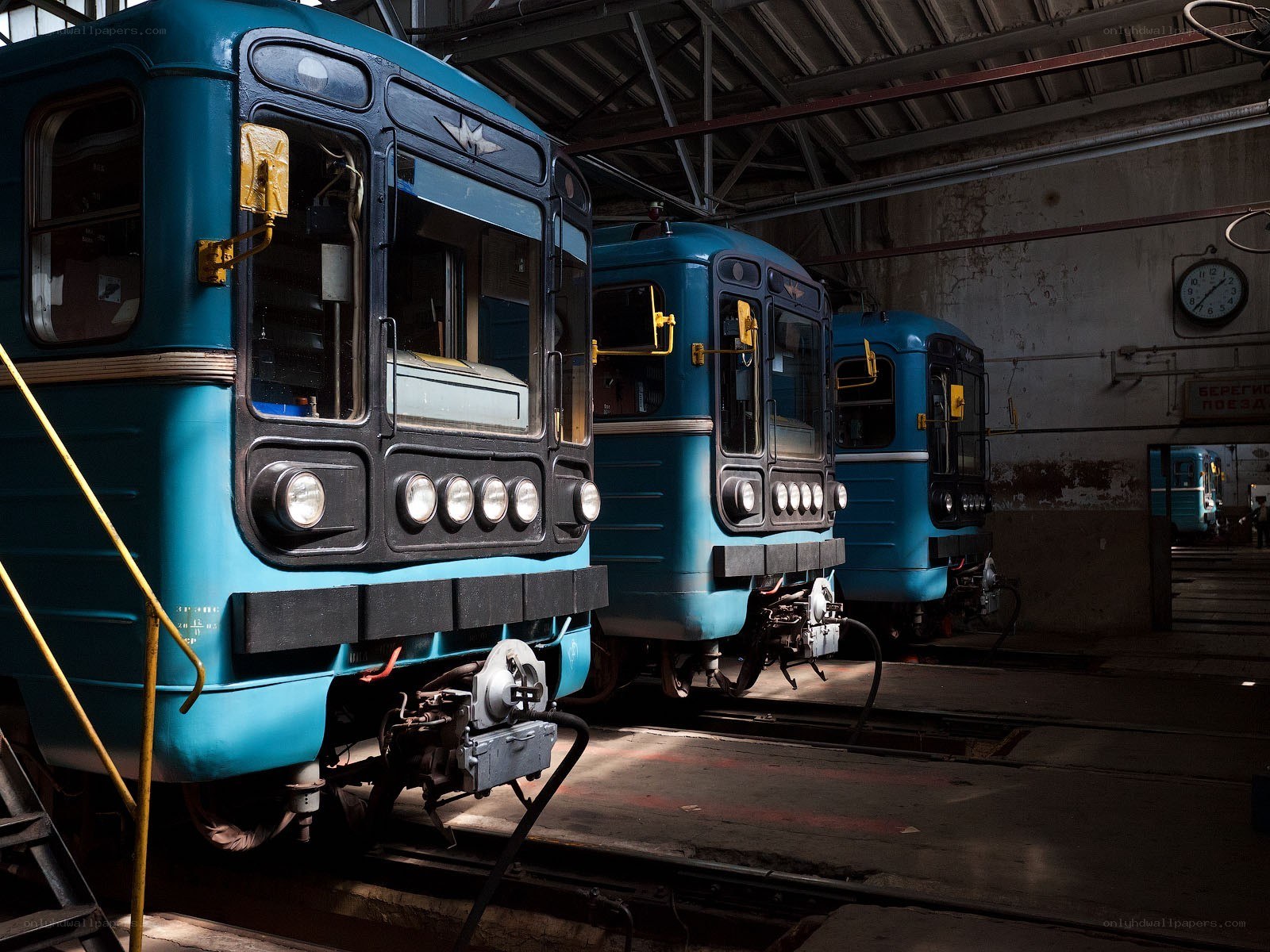 Blue trains in maintenance depot
