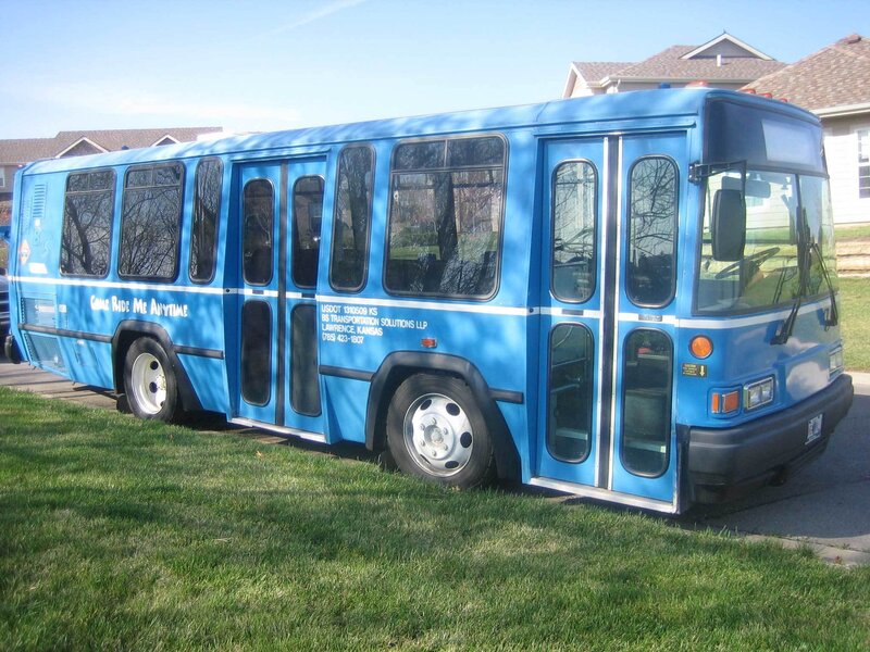Blue transit bus on grass