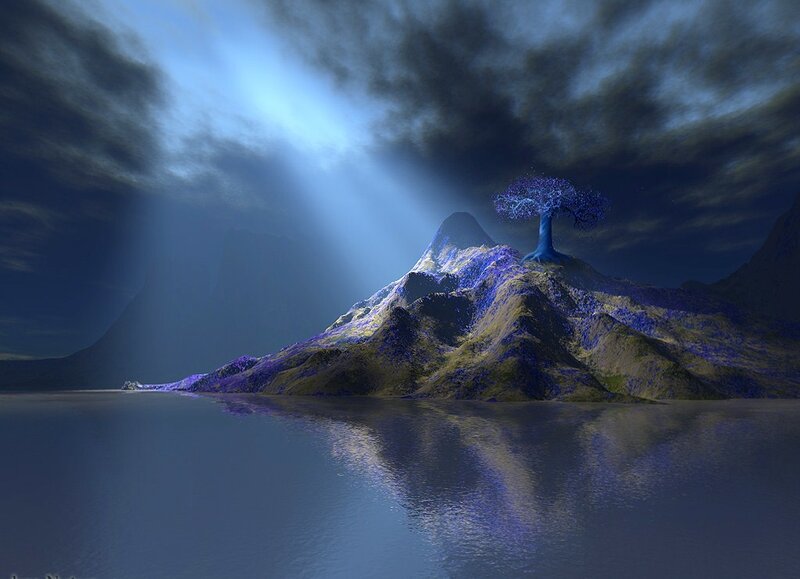 blue tree on mountain island