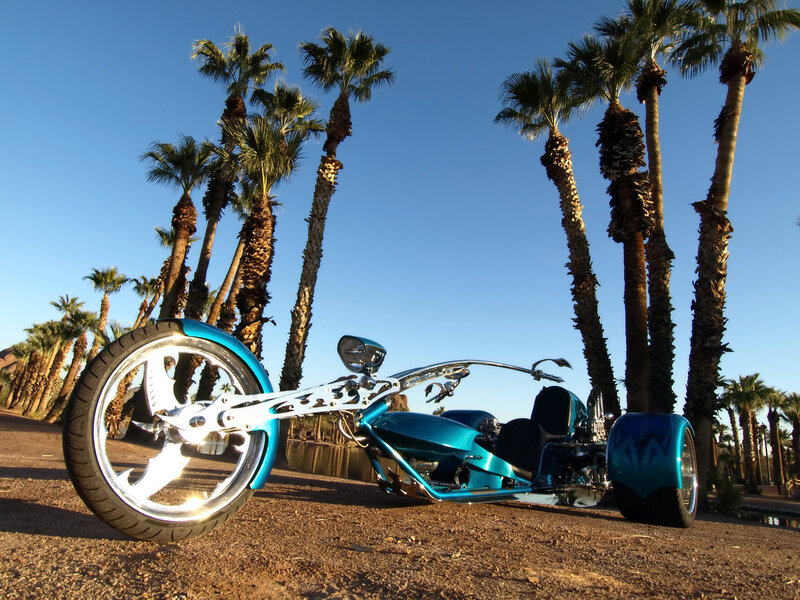Blue trike motorcycle in palm grove